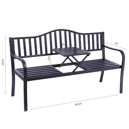 Gardenised Outdoor Powder Coated Steel Park Bench, Garden Bench with Pop Up Middle Table, Lawn Decor Seating Bench for Yard, Patio, Garden, Balcony, and Deck QI003461L